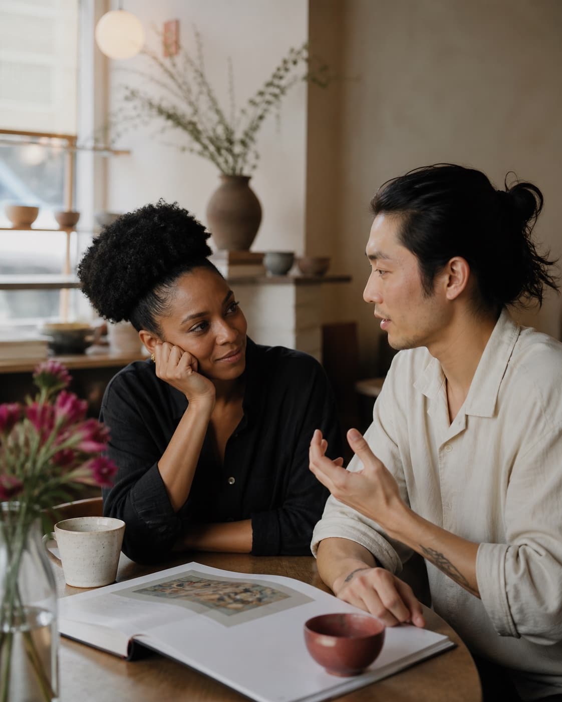 Two friends talking over coffee and an art book